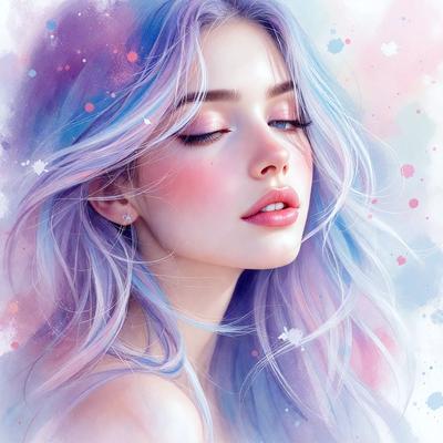 The primary subject of the image is a woman with blue hair, who is looking upward with a pink lipstick. She has a pink blush on her cheeks, and her eyes are closed. The setting is a colorful background, which adds to the overall mood of the image. The visual style is a combination of digital art and illustration, creating a vibrant and artistic representation of the woman.